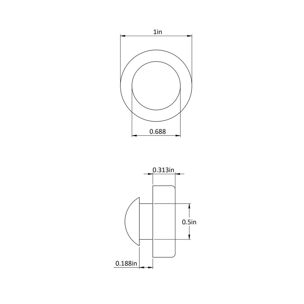 Fits 1/2" Hole - 11/16" Diameter - 5/16" Height - 3/16" Panel Thickness - Push-in Ridged Stem Rubber Grommet Bumper