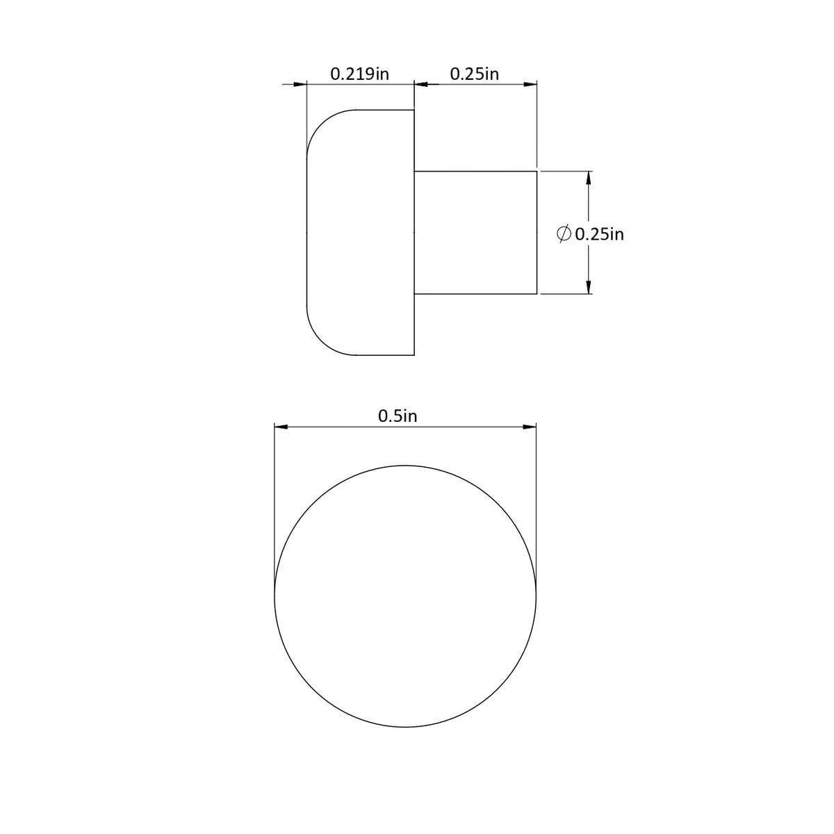 Fits 1/4" Hole - 1/2" Diameter - 1/4" Stem Height - 7/32" Bumper Height - Rounded Push-in Rubber Bumper