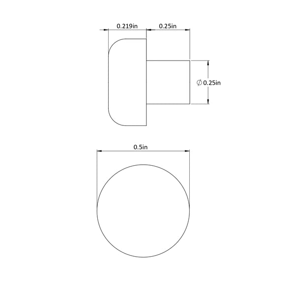 Fits 1/4" Hole - 1/2" Diameter - 1/4" Stem Height - 7/32" Bumper Height - Rounded Push-in Rubber Bumper