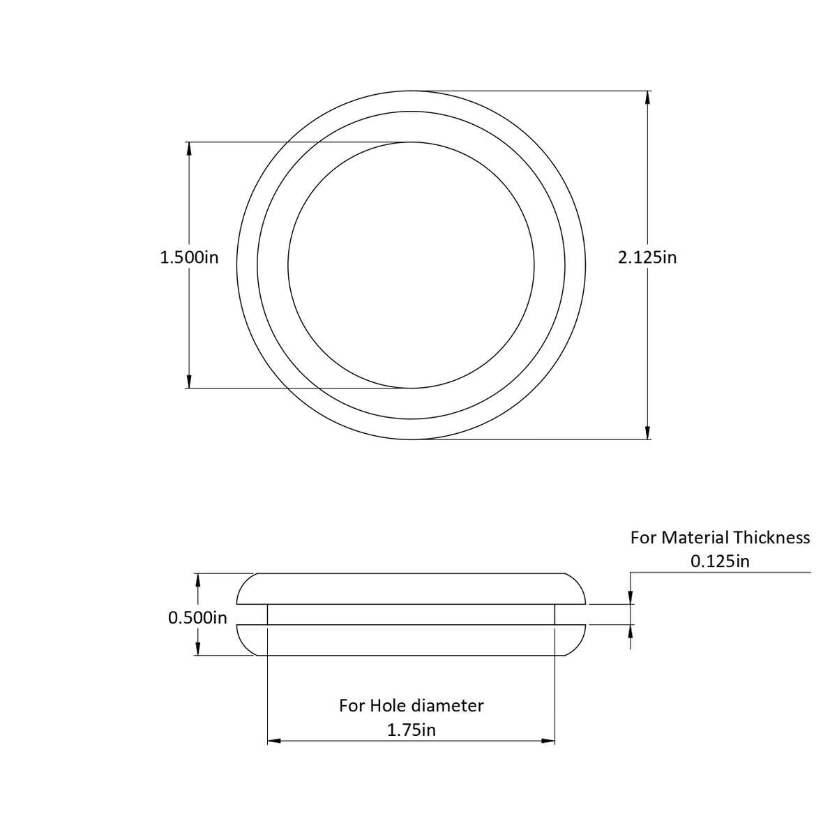 Fits 1 3/4" Hole - 1/8" Panel Thickness - 1 1/2" Center Hole - Rubber Grommet