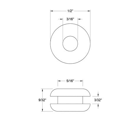 Fits 5/16" Hole - 3/32" Panel Thickness - 3/16" Center Hole - Rubber Grommet